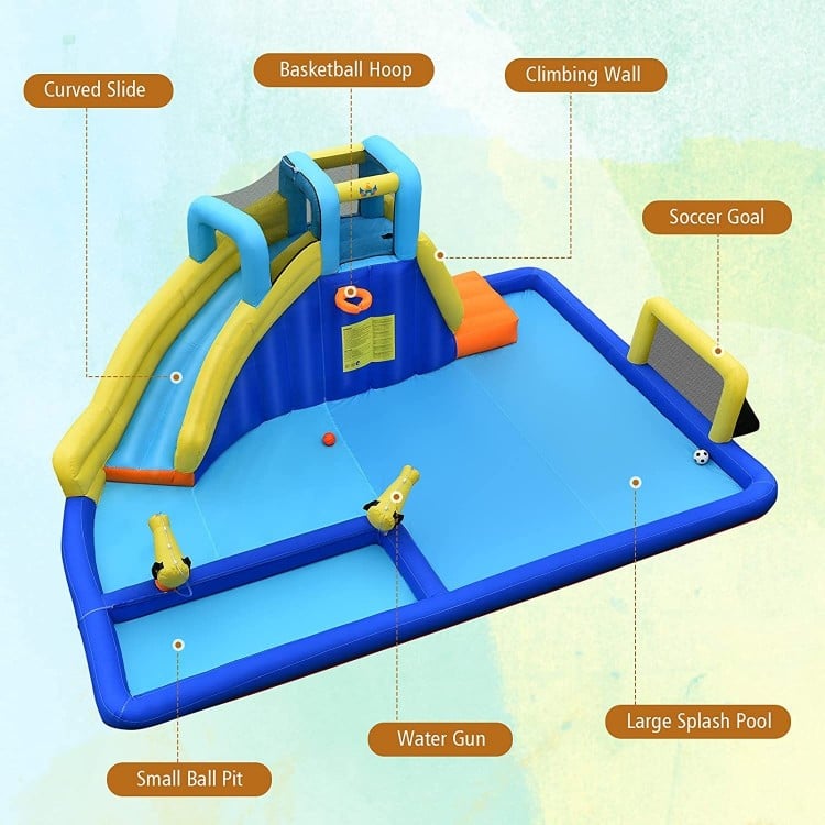 Inflatable water park featuring a slide, climbing wall, and splash pool, made of durable Oxford material for outdoor.
