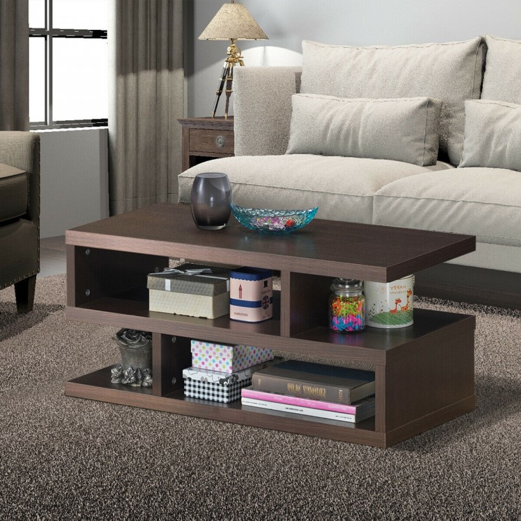 Modern 3-tier rectangular coffee table in engineered wood with storage shelf, perfect for living room or office use.