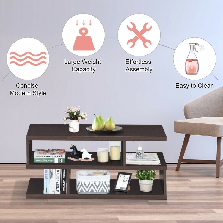 3-tier rectangular coffee table in dark wood, featuring ample storage and a modern design for living room or office use.