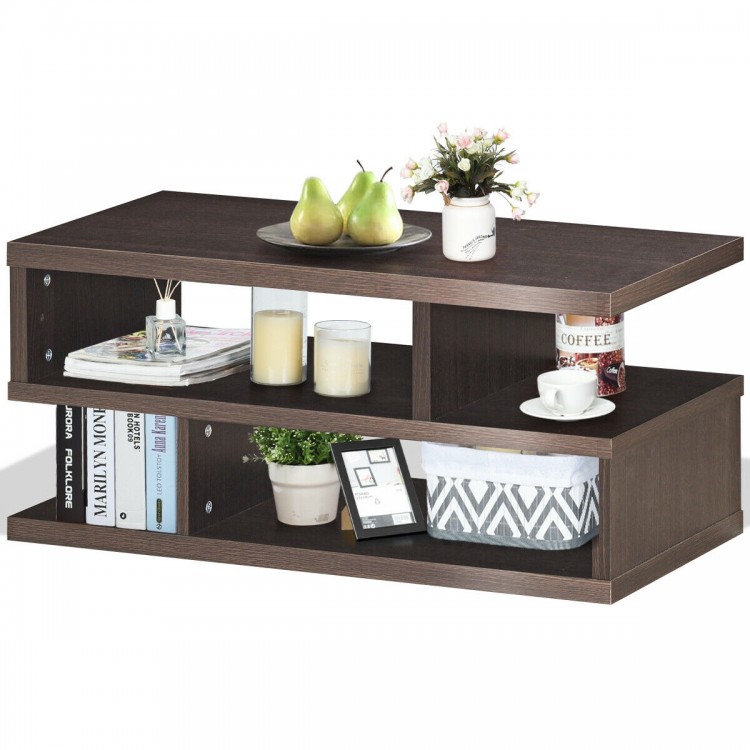 3-tier rectangular modern coffee table in dark wood with storage shelves, perfect for living room or office use.
