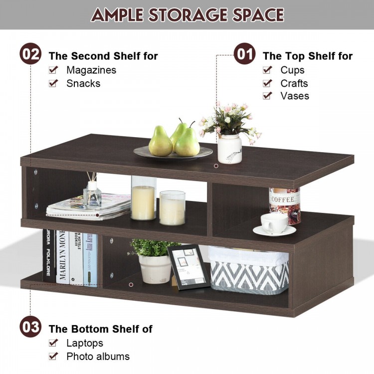 3-tier rectangular modern coffee table with storage shelves, engineered wood, ideal for living room or office use.
