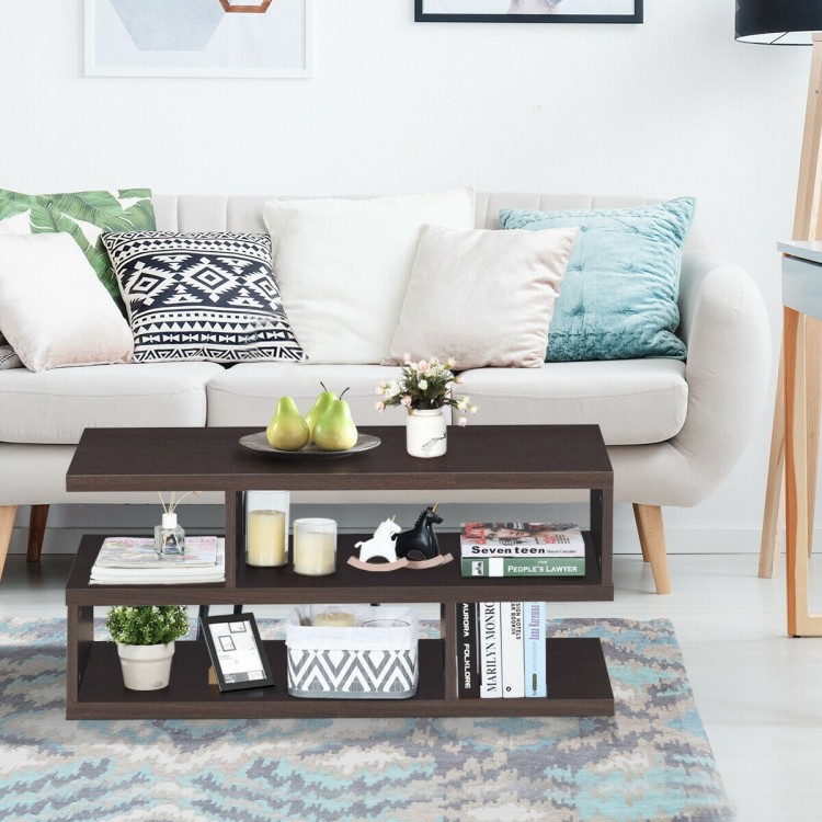 3-tier rectangular coffee table in dark wood with storage shelves, perfect for living room organization and style.