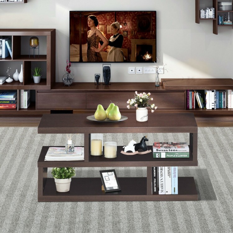 Modern 3-tier rectangular coffee table in dark wood with storage shelf, perfect for living room or office use.