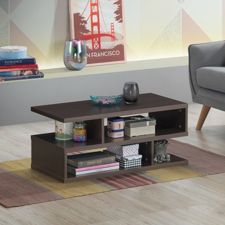 Modern 3-tier coffee table in dark wood, featuring a spacious top and stylish storage for living room or office use.