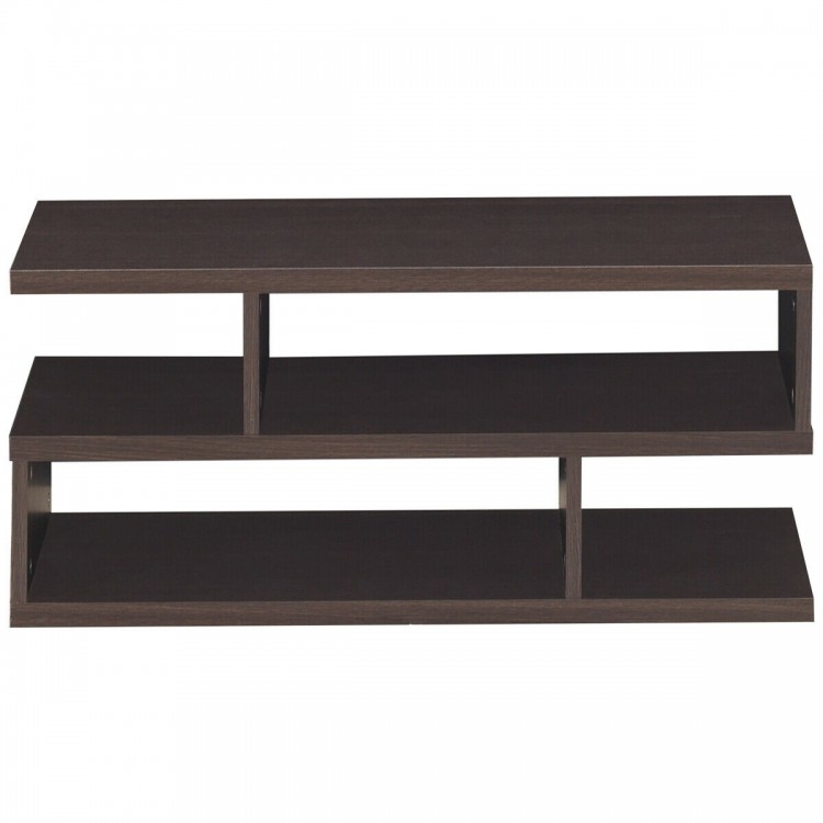 3-tier rectangular modern coffee table in dark engineered wood with storage shelf, ideal for living room or office use.