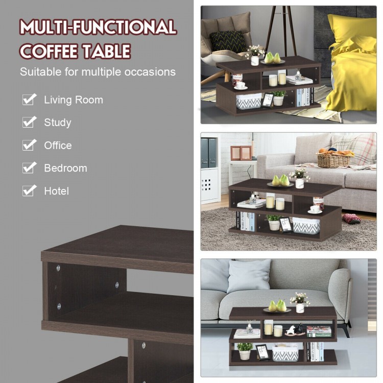 3-tier rectangular modern coffee table in dark wood with storage shelf, ideal for living room, office, or hotel use.
