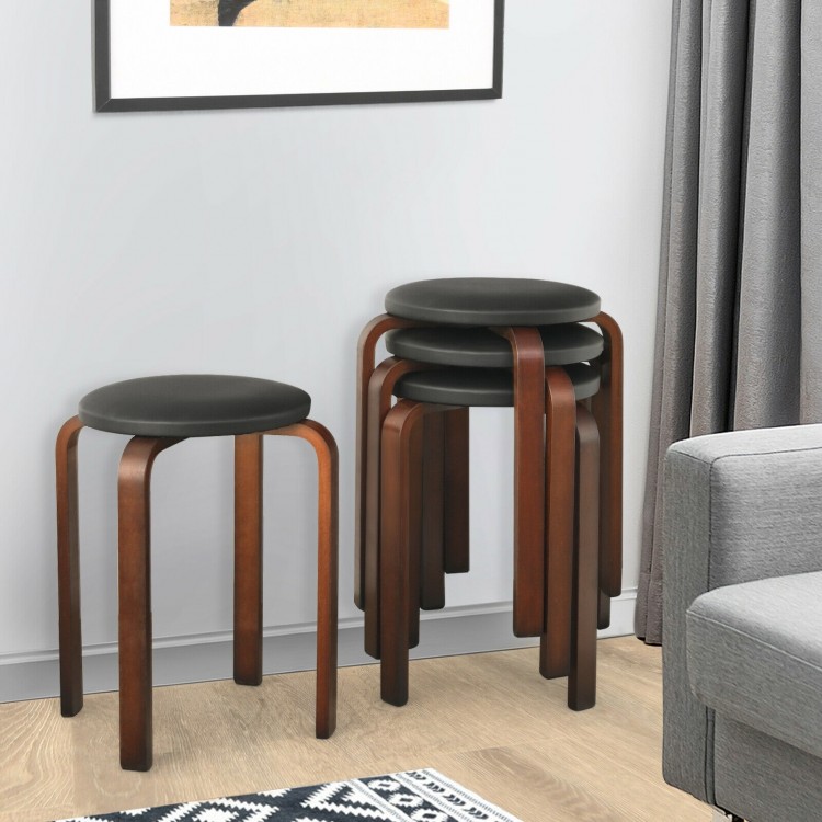 Stackable set of 4 bentwood round stools with padded black seats, designed for space-saving and comfort.