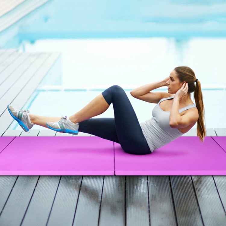 Folding pink gymnastics mat with 4 panels, 2-inch thickness, ideal for comfortable, non-slip workouts and easy storage.