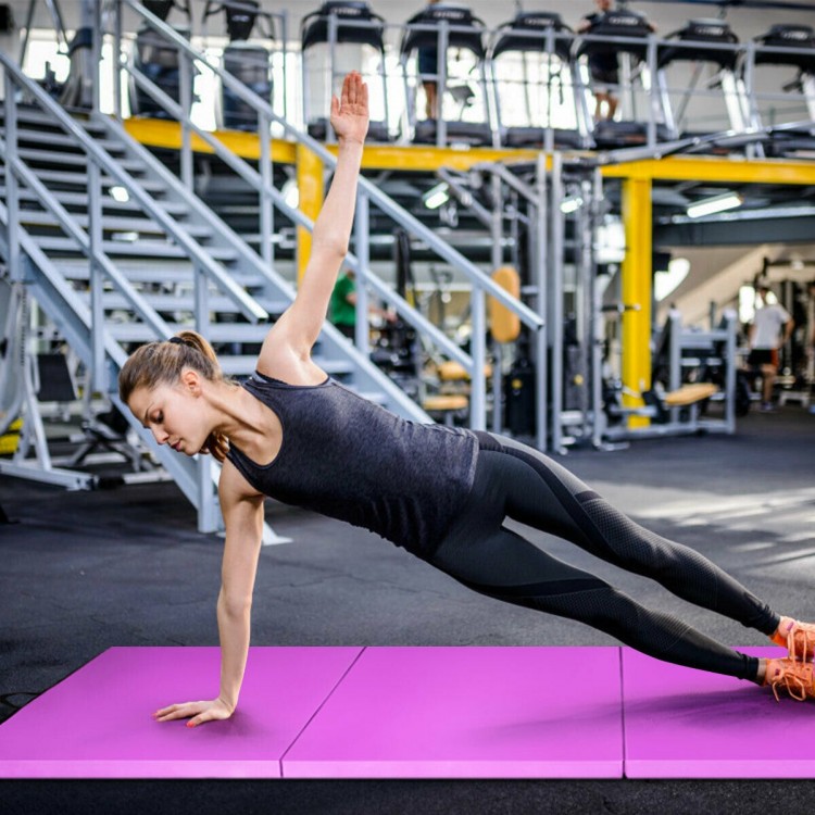 Folding pink gymnastics tumbling mat with 4 panels, 2-inch thickness, ideal for comfortable workouts and easy storage.