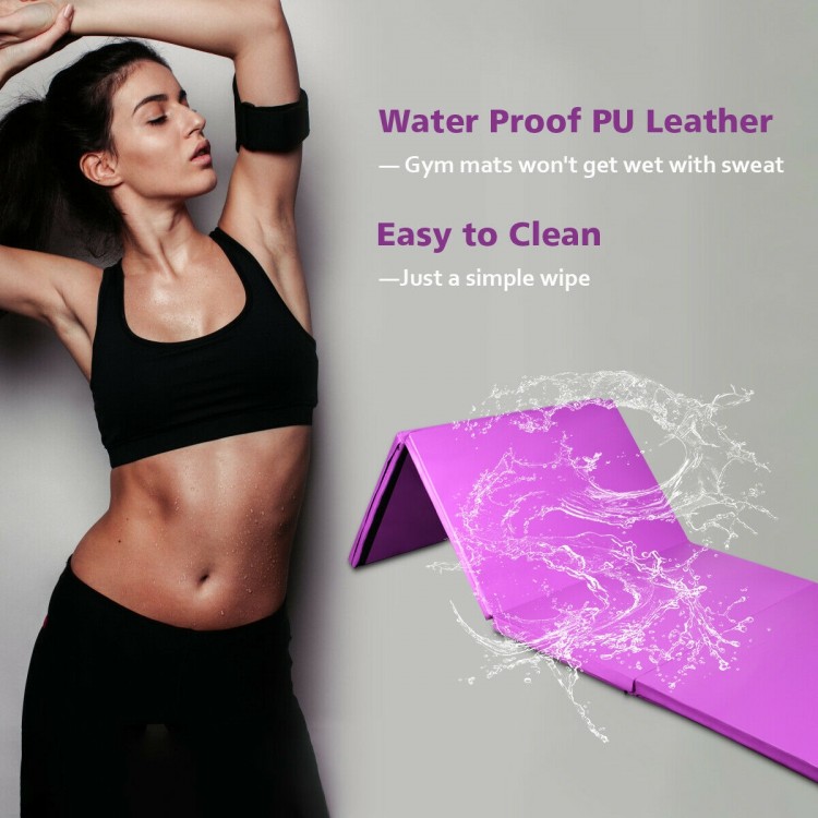 Folding 4x10 feet pink gym mat made of waterproof PU leather, featuring a non-slip surface and easy-clean zipper design.