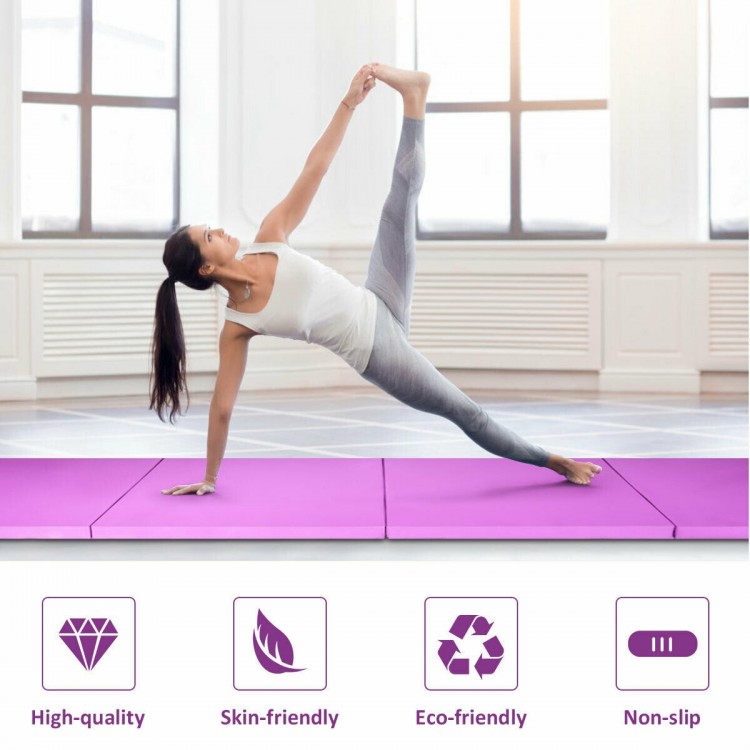 Folding gymnastics tumbling mat in pink, 4x10 feet, 2-inch thick, non-slip, made of high-quality PU leather and EPE.