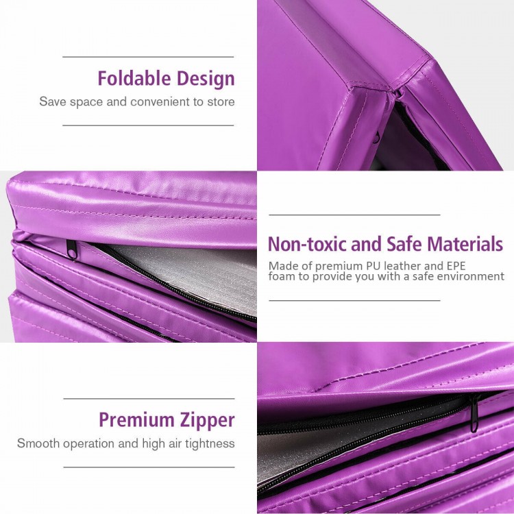 Close-up of the pink folding gymnastics mat featuring a premium zipper, made of non-toxic PU leather and EPE foam.