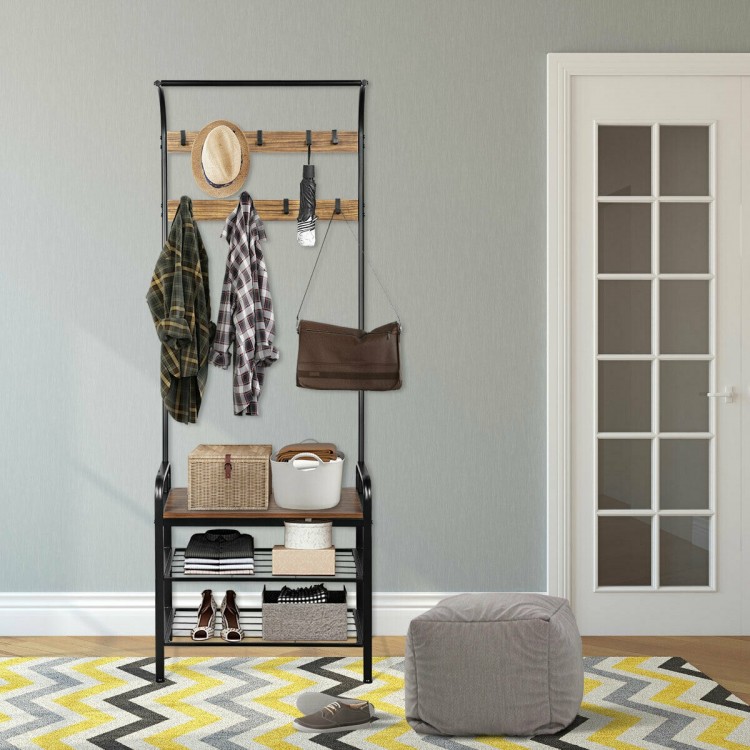 Industrial coat shoe bench entryway shelf with 9 hooks, sturdy metal frame, and storage shelves for organized entryway.