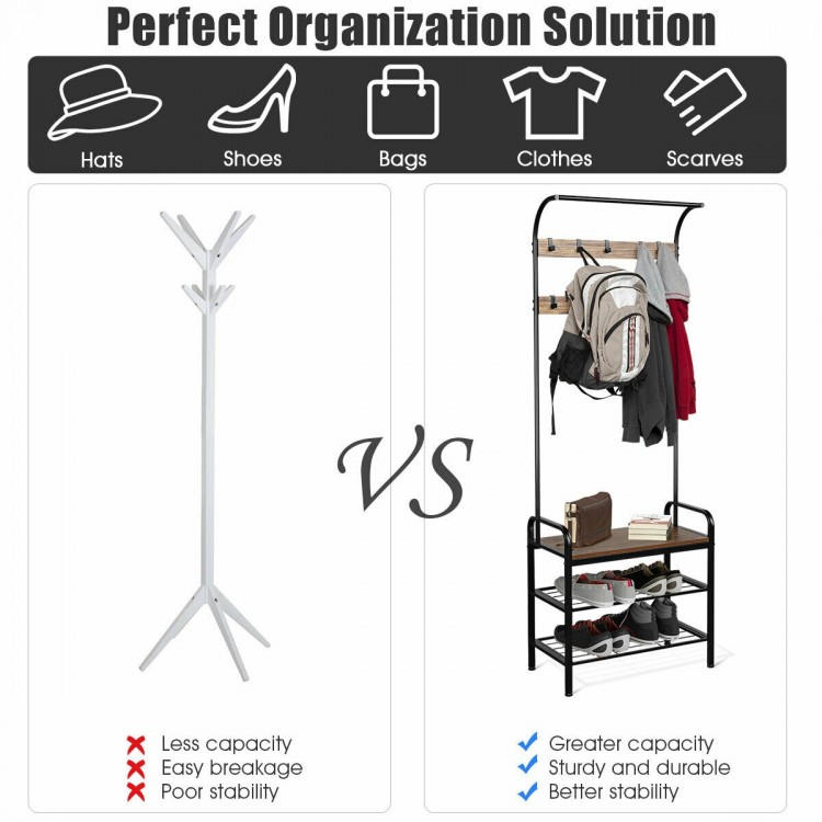 Industrial coat shoe bench with 9 hooks and 3-tier shelves, made of durable MDF and metal, ideal for entryway.