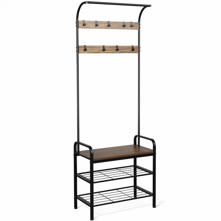 Industrial coat shoe bench with 9 hooks, durable MDF and metal frame, perfect for entryway storage and organization.