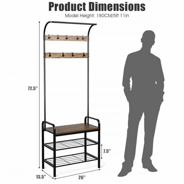 Industrial coat shoe bench entryway shelf with 9 hooks and storage shelves, perfect for organizing coats and shoes.