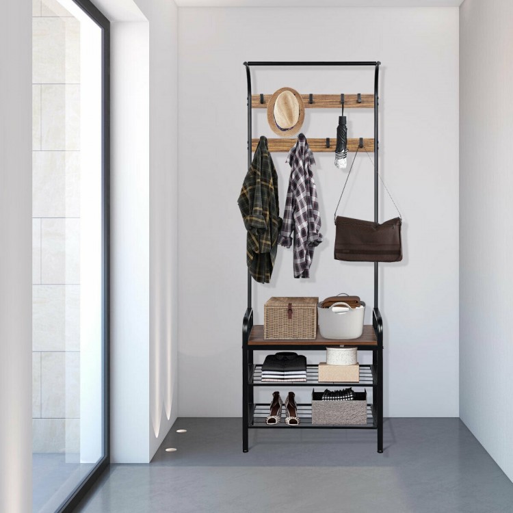 Industrial coat shoe bench with a minimalist design, featuring a sturdy metal frame and ample storage for entryway.
