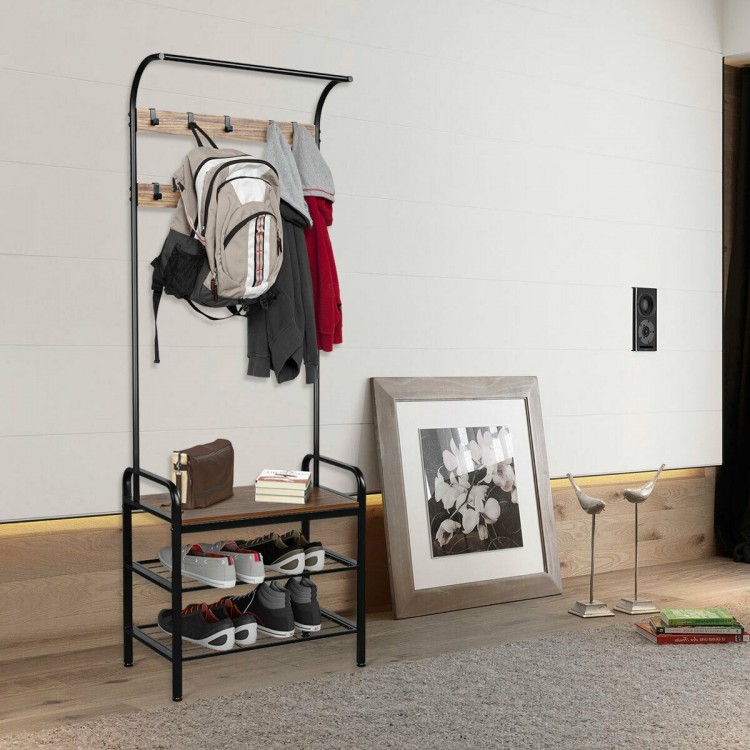 Industrial coat shoe bench with 9 hooks and storage shelves, made of durable MDF and metal, ideal for entryway.