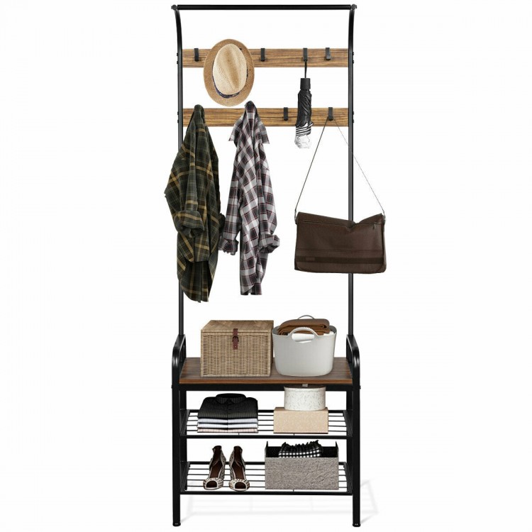 Industrial coat shoe bench entryway shelf with 9 hooks, sturdy metal frame, and 3-tier storage for coats and shoes.
