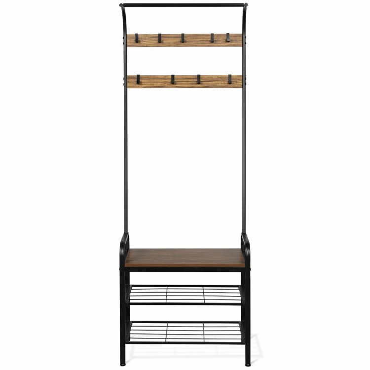 Industrial coat shoe bench entryway shelf with 9 hooks and 3-tier storage, perfect for organizing coats and shoes.