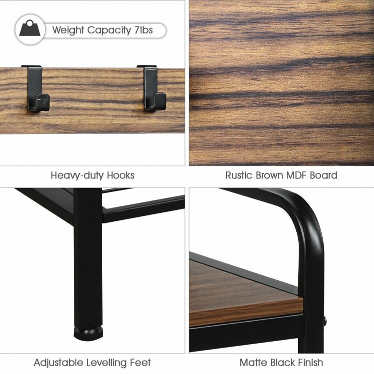 Close-up of the Industrial Coat Shoe Bench showcasing rustic brown MDF board and heavy-duty hooks for versatile storage.