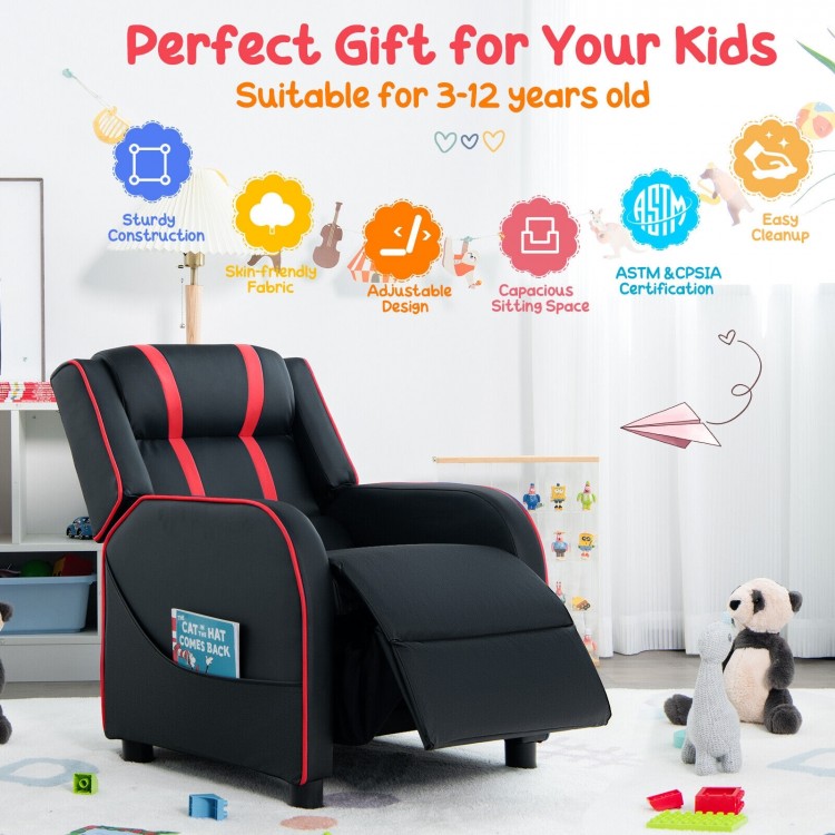 Kids recliner chair in red with footrest and side pockets, designed for comfort and stability, perfect for ages 3-12.