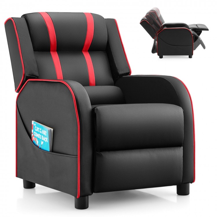 Kids recliner chair in black and red with side pockets, adjustable footrest, and padded backrest for comfort.