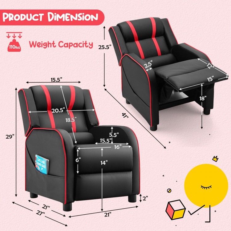 Kids recliner chair with red accents, featuring adjustable footrest and side pockets for storage, ideal for playrooms.