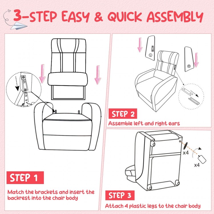 Kids recliner chair assembly steps showing brackets, side ears, and plastic legs for easy setup and stability.