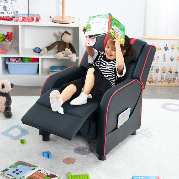 Kids recliner chair with side pockets and footrest in red, featuring high-density sponge padding for comfort and.