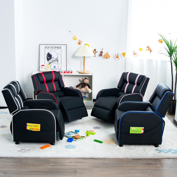 Kids recliner chair in black with red accents, featuring side pockets and adjustable footrest for comfort and play.