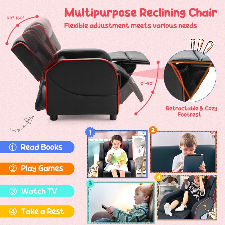 Kids recliner chair in red with adjustable footrest and side pockets for storage, perfect for reading and relaxing.