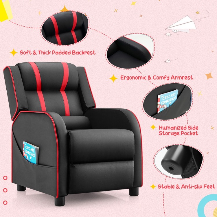 Kids recliner chair with red accents, padded backrest, armrests, and side pockets for comfort and storage. Ideal for.