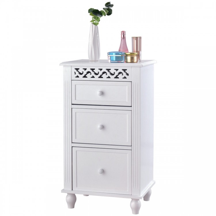 White floor cabinet with three drawers and carved design, ideal for bathroom or living room storage and decor.