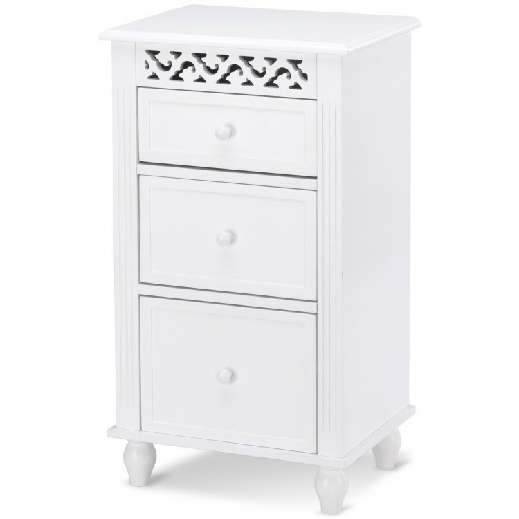 Side view of a white wooden storage organizer cabinet with three drawers, featuring a carved design for versatile home.