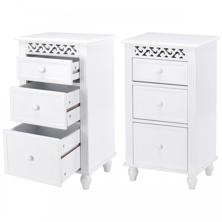 Close-up view of the carved design on a white floor cabinet with three drawers, perfect for stylish storage solutions.