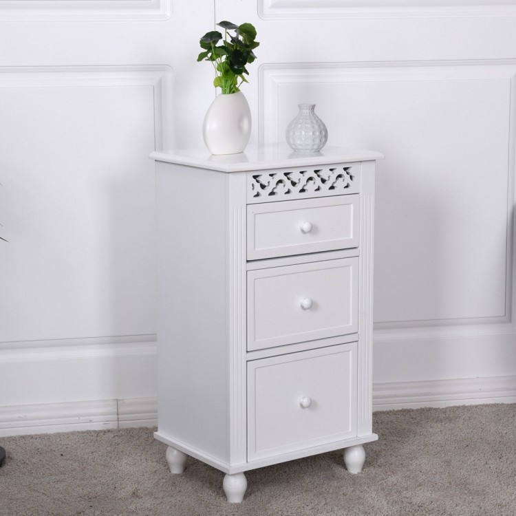 White floor cabinet with three drawers and carved design, ideal for bathroom or living room storage.