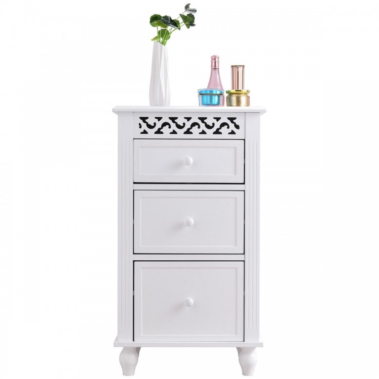 Elegant white floor cabinet with three spacious drawers and intricate carved detailing, perfect for versatile home.