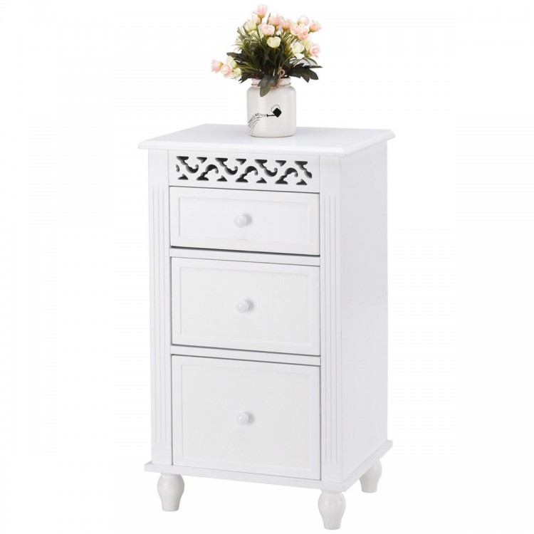 White wooden floor cabinet with three drawers and carved design, perfect for bathroom or living room storage.