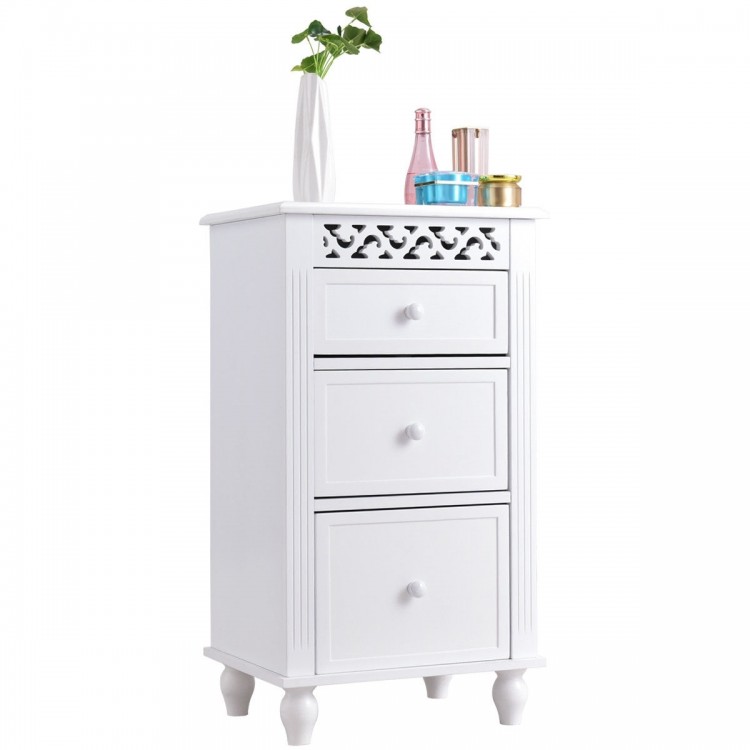 Stylish white storage cabinet with three drawers and carved details, perfect for versatile use in any room decor.