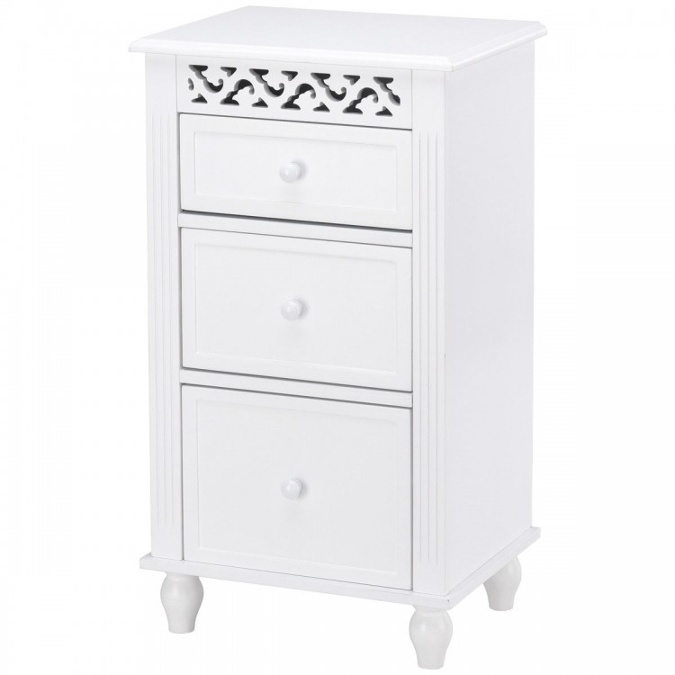 White wooden storage cabinet with three drawers and carved accents, perfect for organizing essentials in any room.