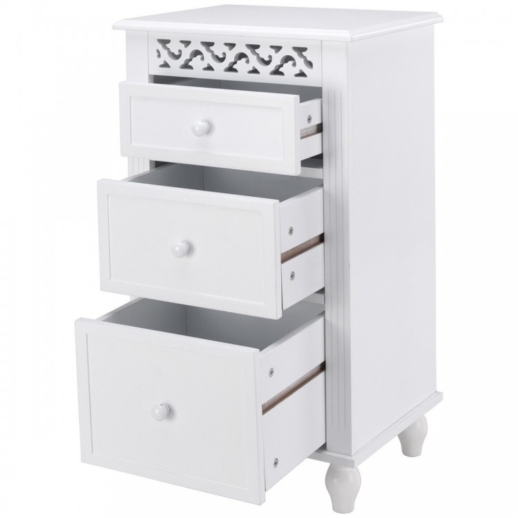 White wooden cabinet with three drawers, featuring a decorative carved design, perfect for stylish organization in any.