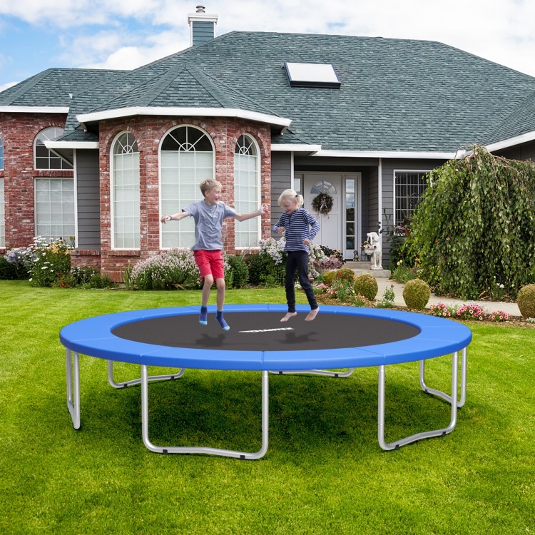 Blue trampoline safety pad on a 16-foot trampoline, providing edge-to-edge protection for safe jumping outdoors.