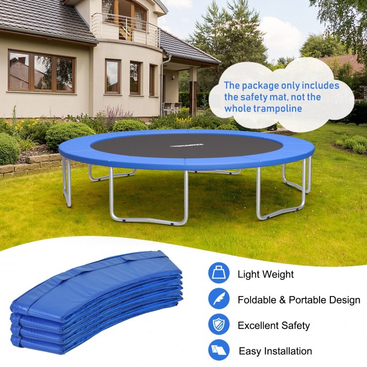 Blue 16 feet trampoline safety pad with elastic straps for secure fit, waterproof and tear-resistant for all weather.