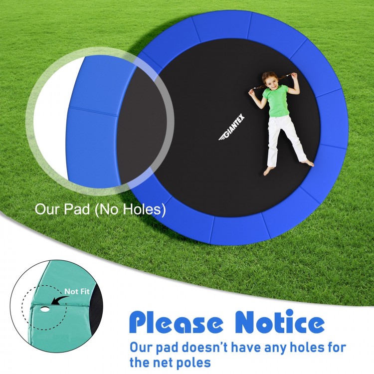 Blue 16 feet trampoline safety pad with waterproof surface and elastic straps for secure edge-to-edge protection.
