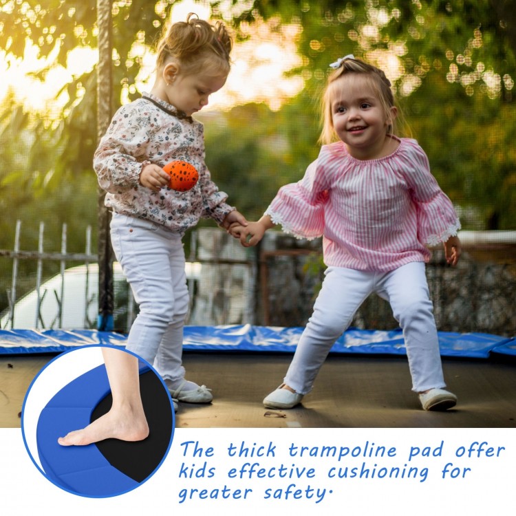 Thick blue trampoline safety pad provides edge-to-edge protection, ensuring comfort and safety for kids during play.