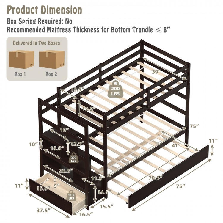 Twin over twin bunk bed with storage shelf and drawer, made of solid wood and MDF, featuring a rolling trundle for.