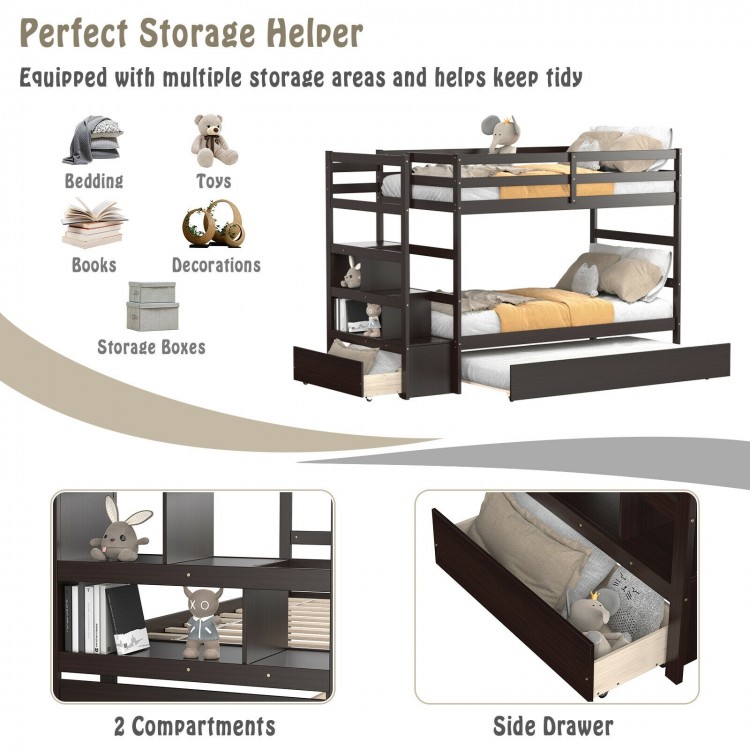 Twin over twin bunk bed in espresso with storage shelf and drawer, featuring sturdy wood construction and open.