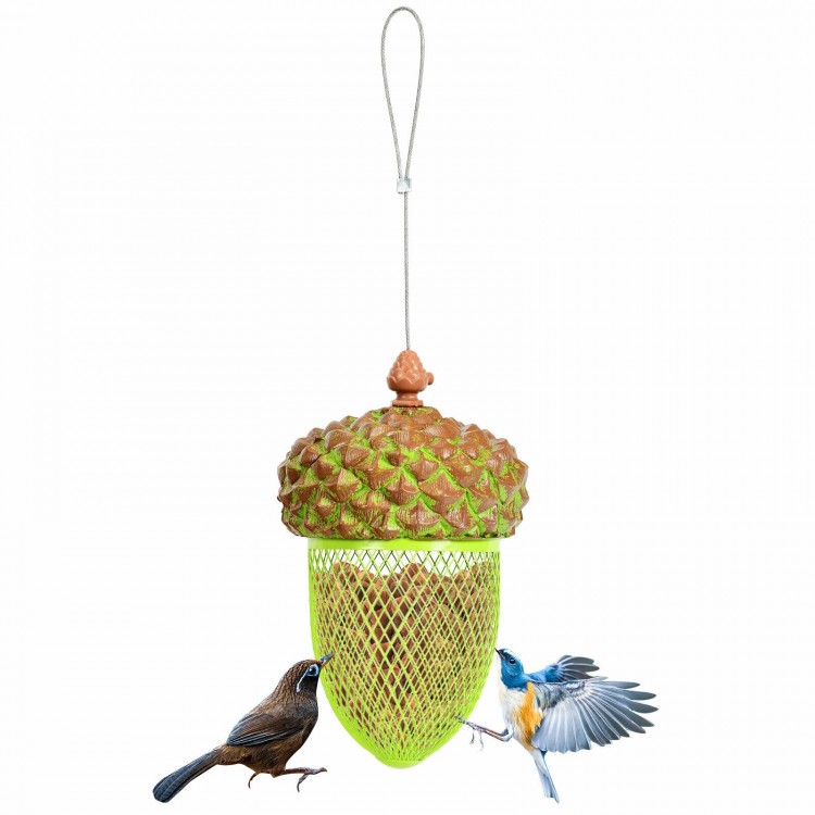 Acorn-shaped metal bird feeder in brown, designed for outdoor hanging, perfect for garden decoration and birdwatching.