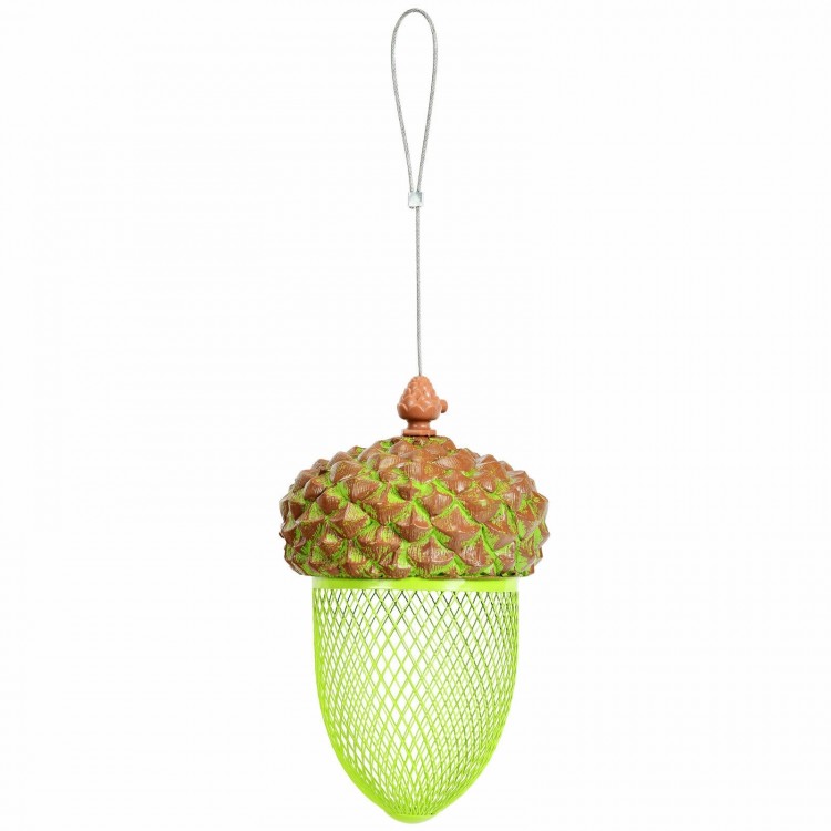Acorn-shaped metal bird feeder in brown and green, designed for outdoor hanging in gardens and yards.